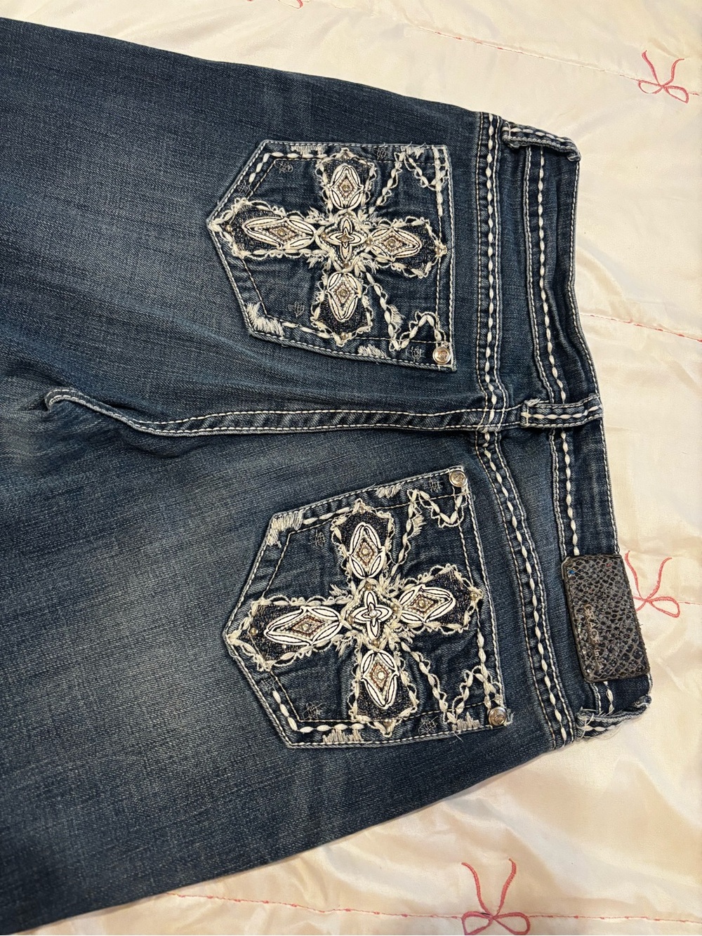 Grace Dark Wash Bootcut Jeans with Embroidered Cross Pockets - Dark Blue